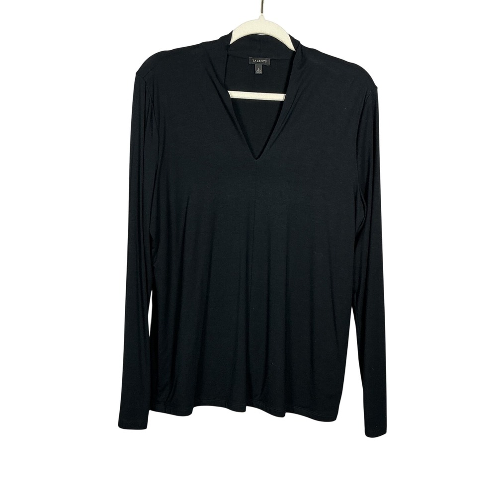 Talbots Womens Black V-Neck Long Sleeve Rayon Spandex Stretch Top Size L PH2807